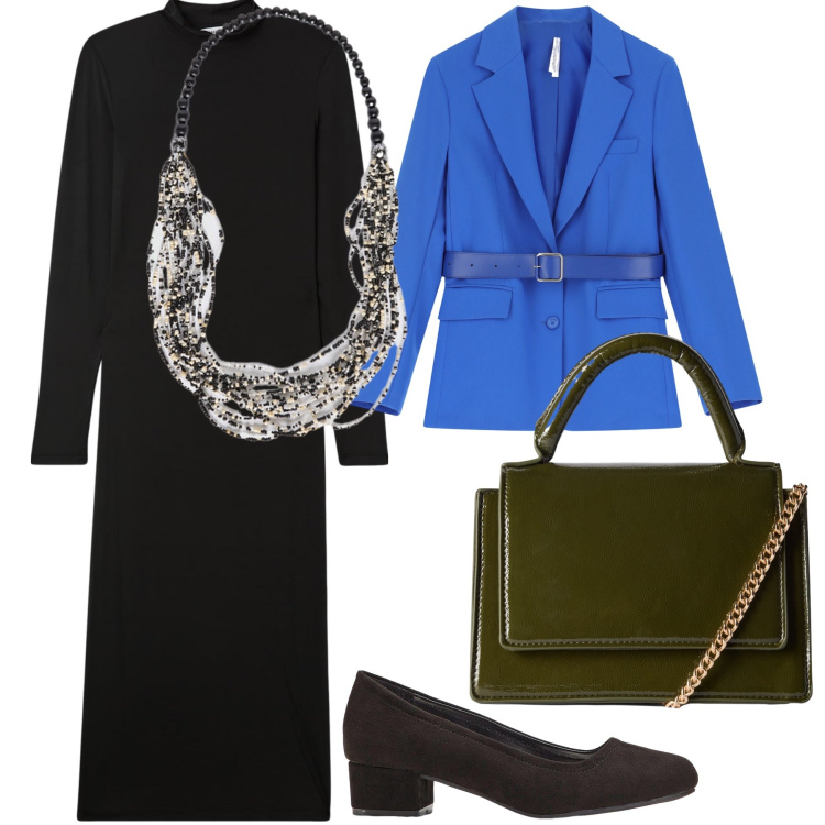 Outfit donna - Blazer con cintura. Stile Urban per Ufficio. Abbinamento con décolleté, vestiti lunghi, borse a tracolla, blazer, collane.