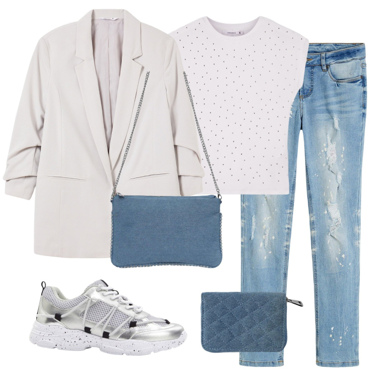 Outfit donna - Sabato pomeriggio a spasso. Stile Sporty chic per Tutti i giorni. Abbinamento con jeans strappati, sneakers, borse a tracolla, portafogli, blazer, t-shirt.