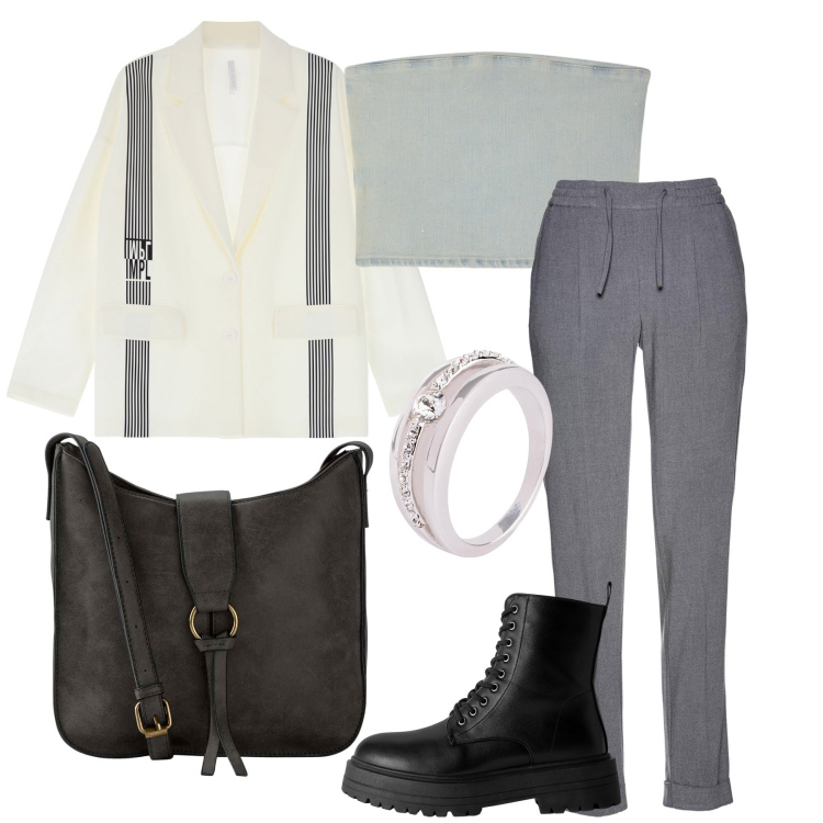 Outfit donna - Total look. Stile Trendy per Ufficio. Abbinamento con pantaloni, anelli, borse a tracolla, anfibi, top, blazer.