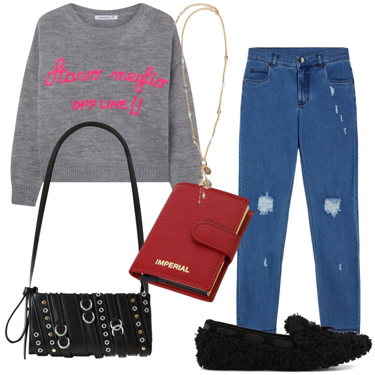 Outfit donna - Appunti di moda. Stile Casual chic per Tutti i giorni. Abbinamento con maglieria, borse a spalla, portafogli, jeans skinny, ciondoli, mocassini.