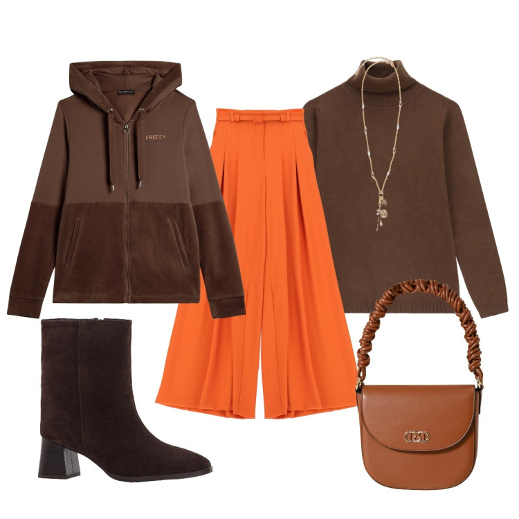 Outfit donna - Contrasto armonico. Stile Minimal per Tutti i giorni. Abbinamento con stivaletti, borse a mano, maglieria, pantaloni a palazzo, felpe con cappuccio, ciondoli.