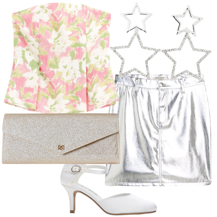Outfit donna - Fiori e stelle e la serata con amici. Stile Glamour per Serata fuori. Abbinamento con minigonne, décolleté, orecchini, pochette, top.