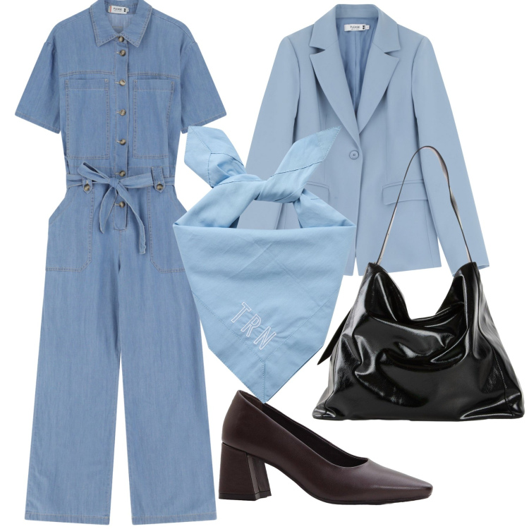Outfit donna - Al lavoro in tuta jeans. Stile Trendy per Ufficio. Abbinamento con décolleté, shopping bag, foulard, blazer, tute.