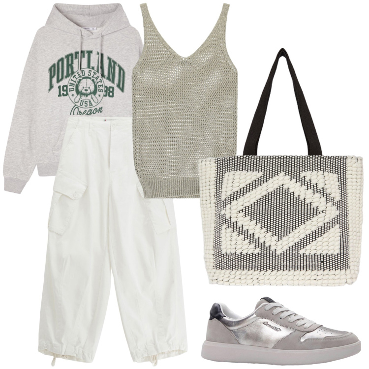 Outfit donna - Tempo libero. Stile Casual per Tutti i giorni. Abbinamento con sneakers, felpe con cappuccio, canottiere, pantaloni, shopping bag.