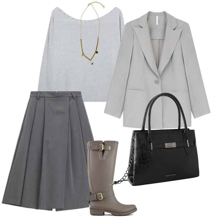 Outfit donna - Gonna a pantalone. per Tutti i giorni. Abbinamento con borse a mano, maglieria, blazer, pantaloni, ciondoli, stivali.