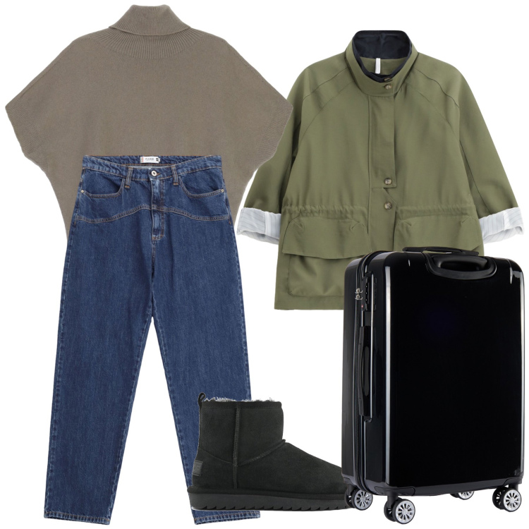Outfit donna - Partendo con la pioggia. Stile Basic per Tutti i giorni. Abbinamento con jeans, parka, maglieria, valigie, stivali.