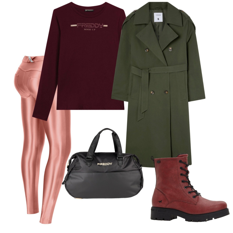 Outfit donna - Passeggiata in campagna. per Tutti i giorni. Abbinamento con stivaletti, trench, t-shirt, pantaloni skinny, borse sportive.
