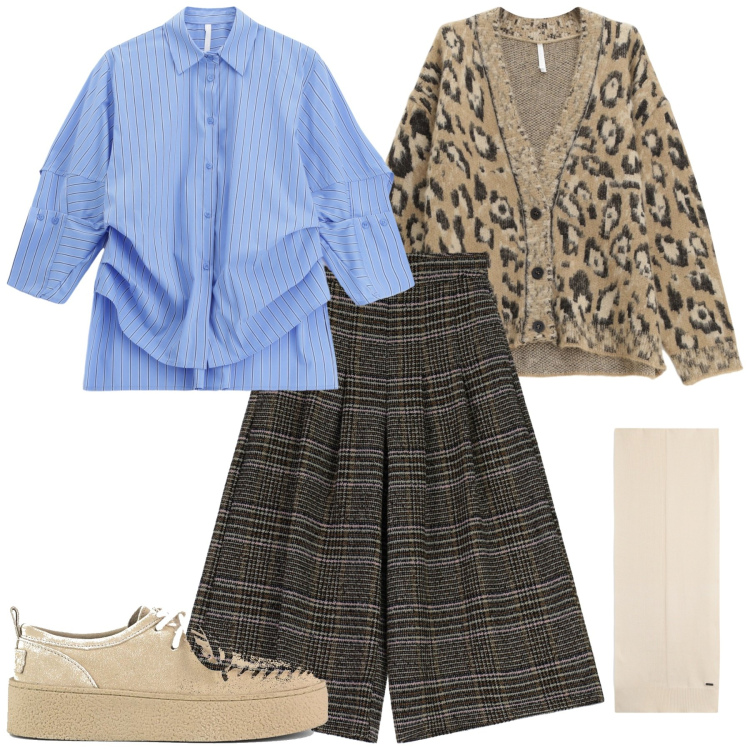 Outfit donna - Pantalone check. Stile Casual chic per Tutti i giorni. Abbinamento con pantaloni a palazzo, camicie, cardigans, sciarpe, mocassini.