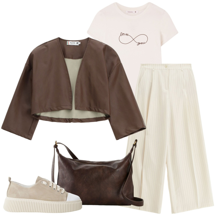 Outfit donna - Mattine settembrine. Stile Casual chic per Ufficio. Abbinamento con borse a tracolla, t-shirt, pantaloni a palazzo, giacche, sneakers.