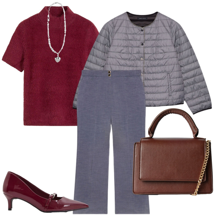 Outfit donna - Grigio e bordeaux. Stile Casual chic per Ufficio. Abbinamento con maglieria, décolleté, borse a tracolla, piumini, pantaloni, collane.