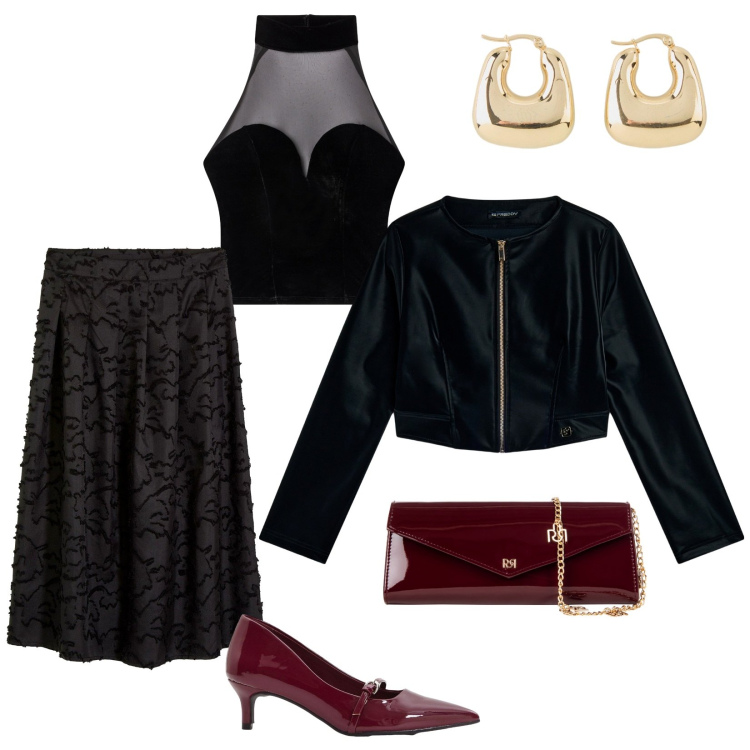 Outfit donna - Uscita serale. per Serata fuori. Abbinamento con orecchini, décolleté, gonne longuette, top, pochette, blazer.