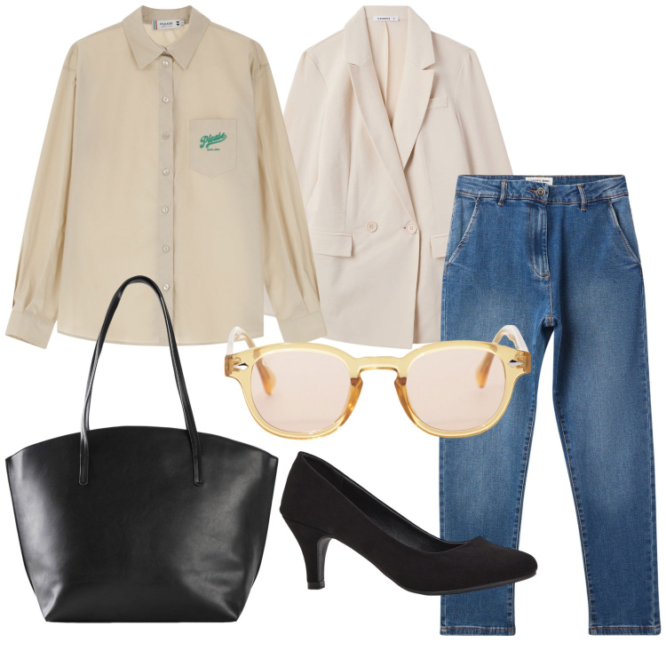 Outfit donna - Blazer e jeans domani al lavoro. Stile Urban per Ufficio. Abbinamento con décolleté, shopping bag, jeans skinny, blazer, camicie, occhiali da sole.