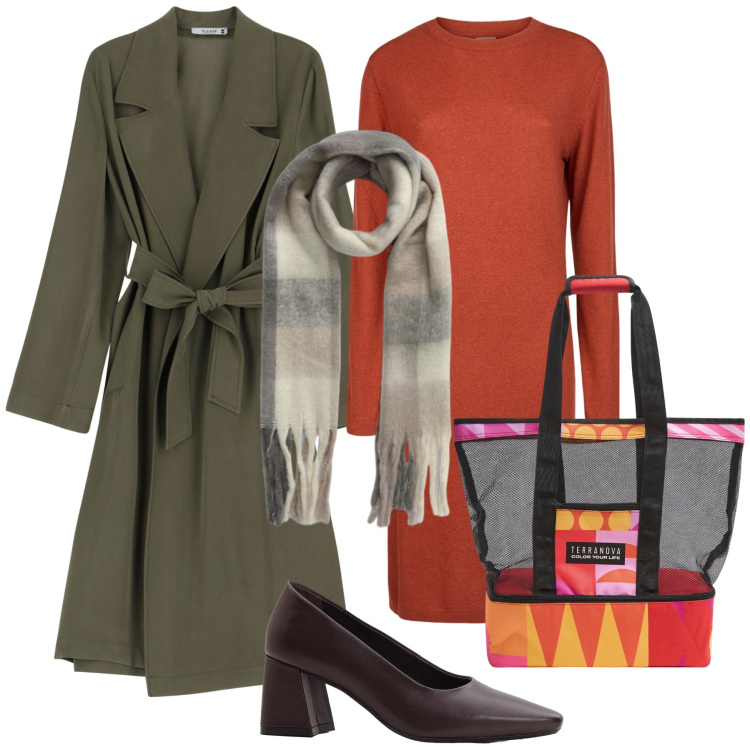 Outfit donna - Colore d autunno. Stile Trendy per Tutti i giorni. Abbinamento con décolleté, borse tote, sciarpe, trench, vestiti midi/longuette.