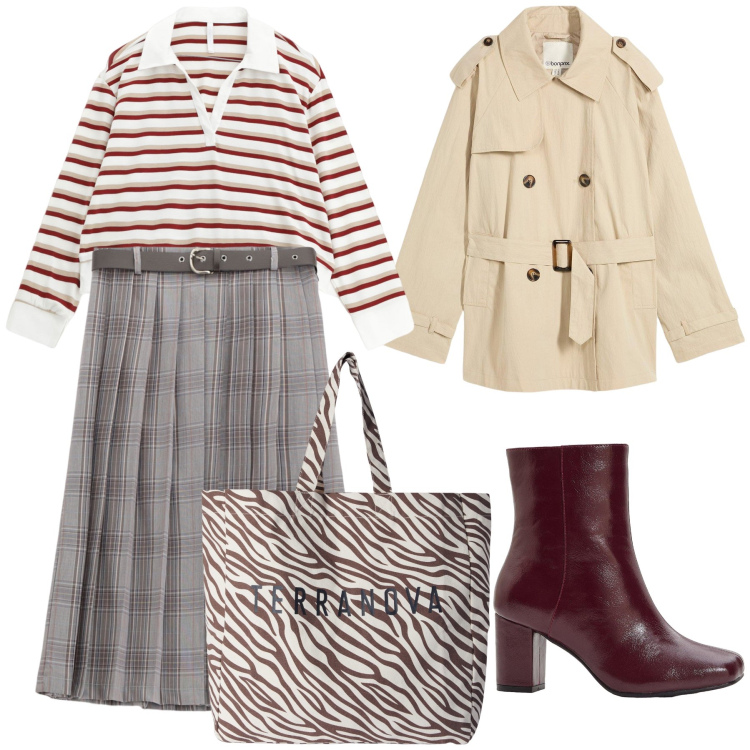 Outfit donna - Mix d autunno. Stile Urban per Tutti i giorni. Abbinamento con trench, stivaletti, borse tote, gonne, maglieria.
