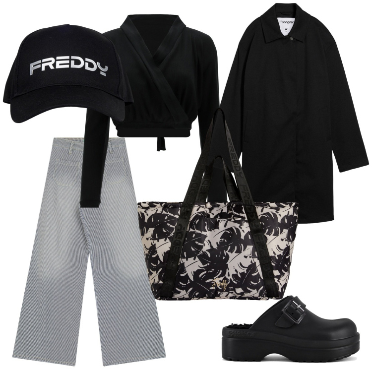 Outfit donna - Per il centro. per Tutti i giorni. Abbinamento con trench, jeans a zampa, top, shopping bag, cappelli, sandali.