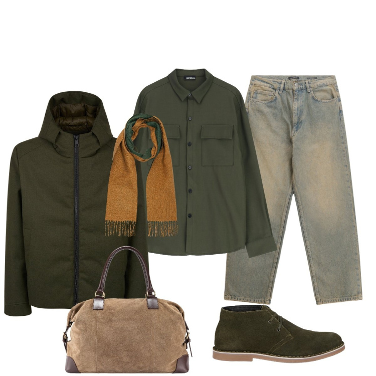 Outfit uomo - Total look #2251415. Stile Trendy per Tutti i giorni. Abbinamento con jeans, camicie, giacche, stivali e stivaletti, sciarpe, borse sportive.