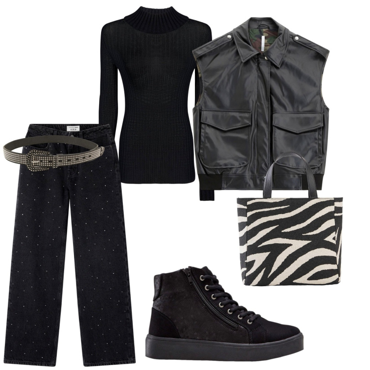 Outfit donna - Con amici. per Serata fuori. Abbinamento con sneakers alte, borse a mano, jeans, cinture, gilet, maglieria.