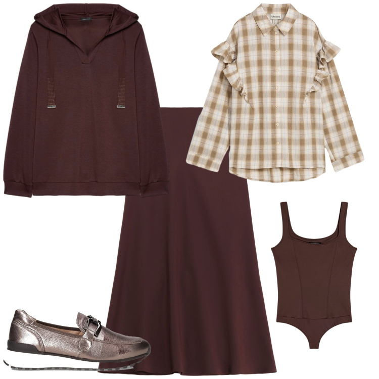 Outfit donna - Total look #2251419. Stile Sporty chic per Tutti i giorni. Abbinamento con camicie, gonne longuette, body, mocassini, felpe con cappuccio.