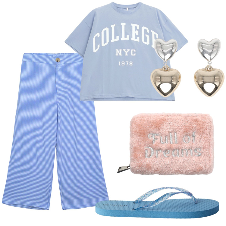 Outfit donna - Casa romantica. Stile Basic per Tutti i giorni. Abbinamento con orecchini, infradito, pantaloni a palazzo, portafogli, t-shirt.