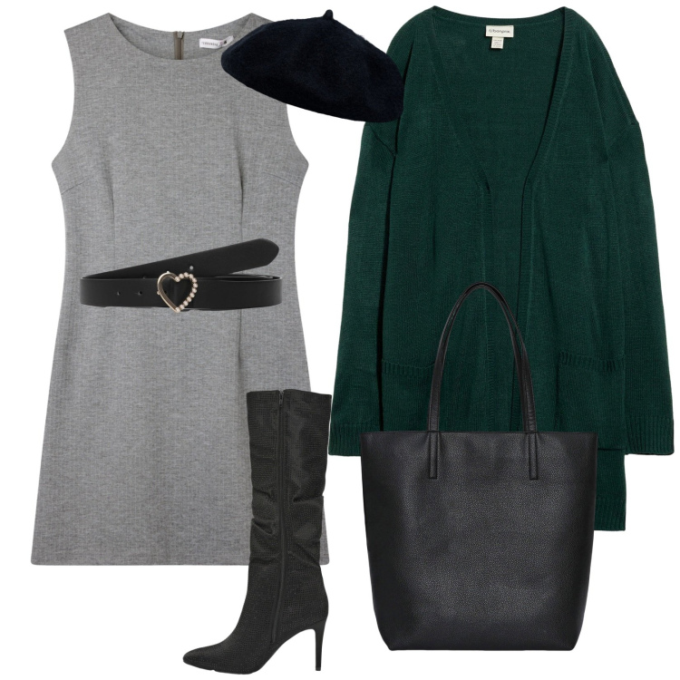 Outfit donna - Stagione Autunno. per Tutti i giorni. Abbinamento con cardigans, cinture, vestiti senza maniche, borse tote, stivali, cappelli e berretti.