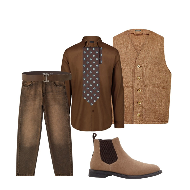 Outfit uomo - Total brown per l’ufficio. Stile Trendy per Ufficio. Abbinamento con stivali e stivaletti, jeans, cinture, camicie, cravatte, gilet.