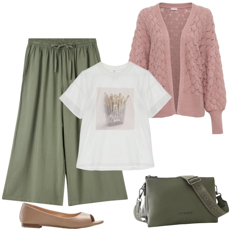 Outfit donna - Pomeriggio in città. Stile Basic per Tutti i giorni. Abbinamento con cardigans, ballerine, borse a tracolla, pantaloni a palazzo, t-shirt.