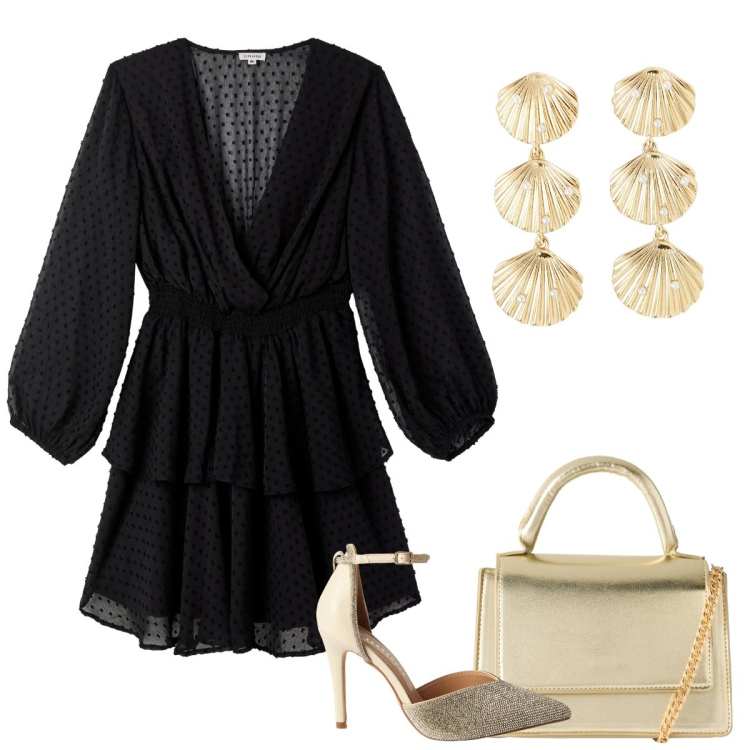 Outfit donna - Elegante. Stile Romantica per Serata fuori. Abbinamento con vestiti corti, décolleté, orecchini, borse a tracolla.