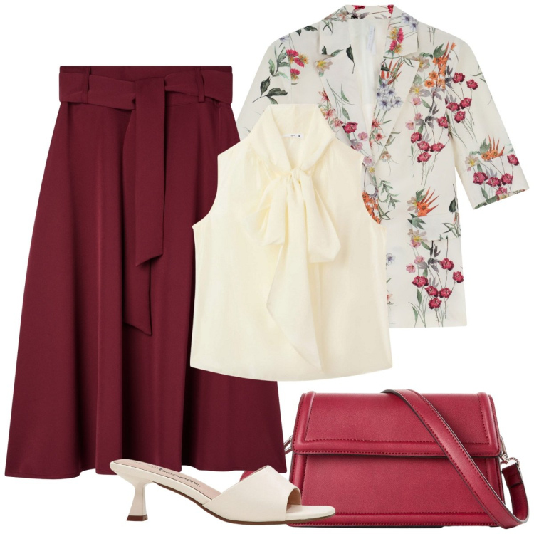 Outfit donna - Rosso vino. Stile Chic per Serata fuori. Abbinamento con ciabatte, borse a tracolla, bluse, gonne lunghe, blazer.
