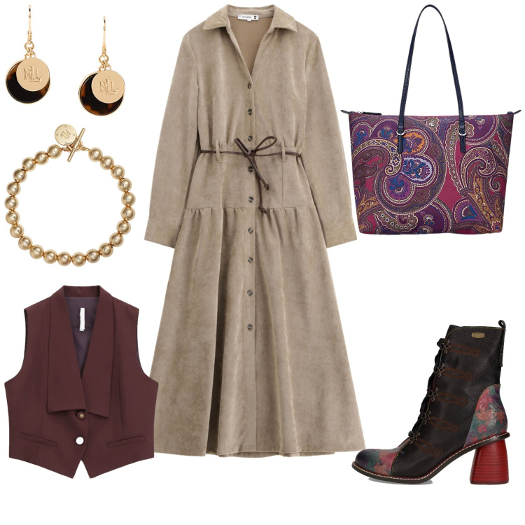 Outfit donna - Gilet e stivaletti bohemien. Stile Boho per Tutti i giorni. look ideale per Tall. Abbinamento con vestiti lunghi, gilet, braccialetti, borse tote, orecchini, stivaletti.