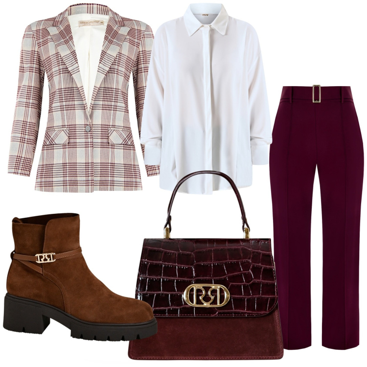 Outfit donna - In ufficio con eleganza. Stile Glamour per Ufficio. Abbinamento con pantaloni, camicie, stivaletti, blazer, borse a mano.