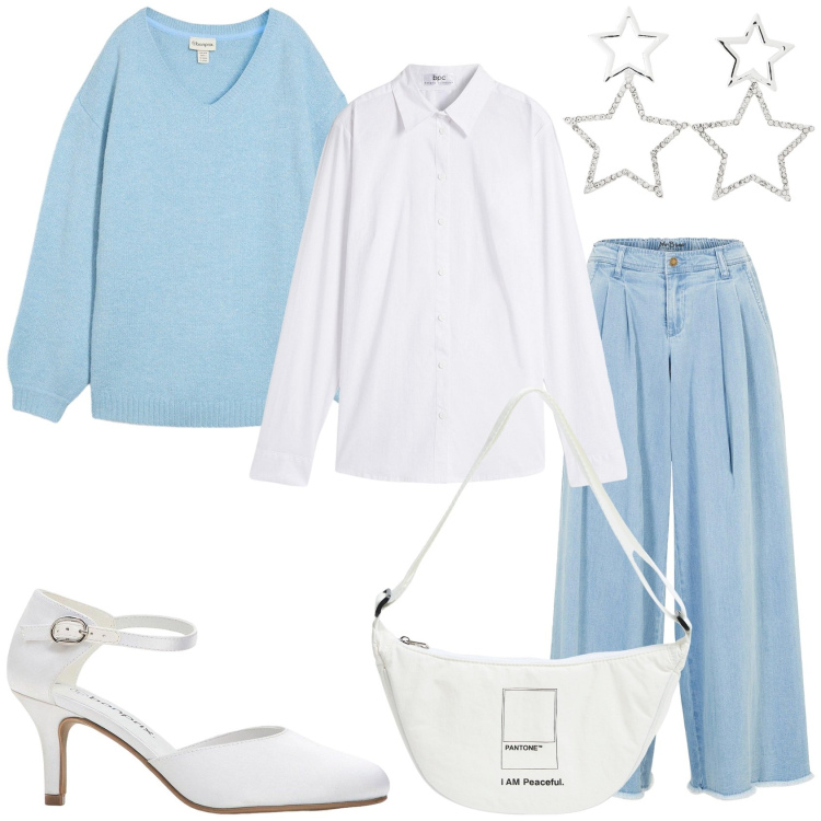 Outfit donna - Celeste in autunno. Stile Casual chic per Tutti i giorni. Abbinamento con camicie, gonne, décolleté, maglieria, marsupi, orecchini.