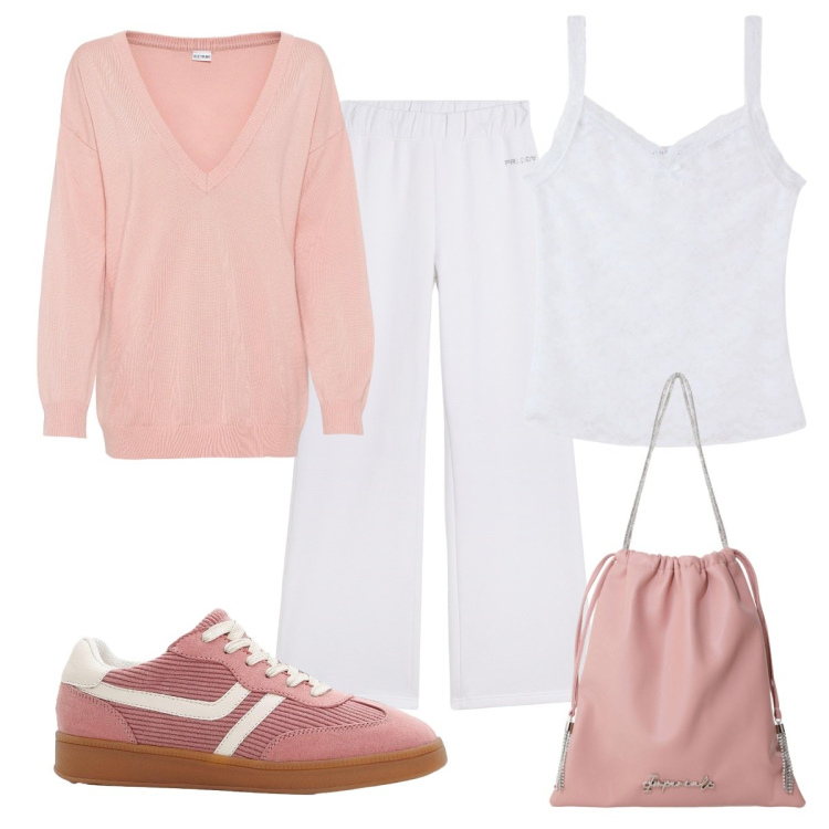 Outfit donna - Tempo libero. Stile Urban per Tutti i giorni. Abbinamento con maglieria, sneakers, canottiere, borse a secchiello, pantaloni.