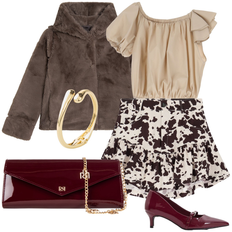 Outfit donna - Svolazzante al ristorante. Stile Glamour per Serata fuori. Abbinamento con braccialetti, décolleté, pochette, minigonne, top, blazer.