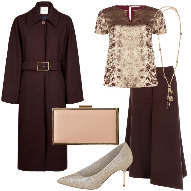 Outfit donna - Serata al ristorante gourmet. Stile Chic per Serata fuori. Abbinamento con bluse, gonne longuette, pochette, décolleté, cappotti, ciondoli.