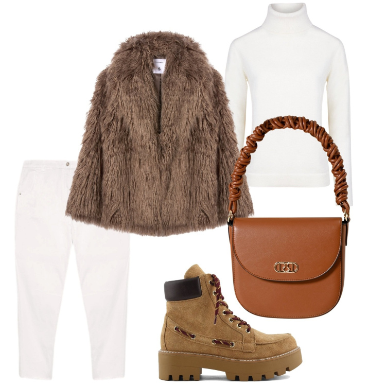 Outfit donna - Ecopelliccia glam. Stile Casual per Tutti i giorni. Abbinamento con ecopellicce, borse a mano, maglieria, pantaloni, stivaletti.