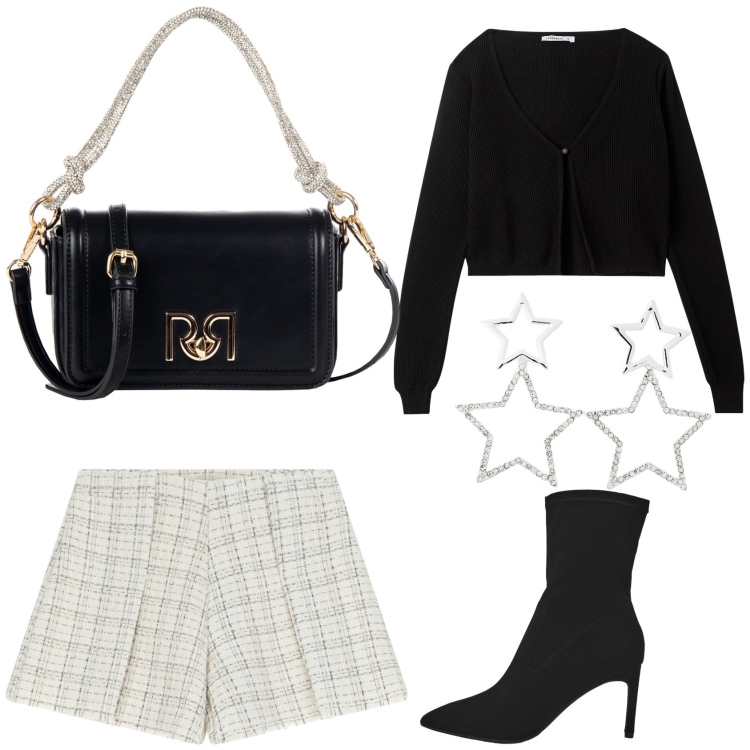Outfit donna - Gli shorts in autunno. Stile Chic per Serata fuori. Abbinamento con orecchini, stivali, cardigans, borse a mano, shorts.