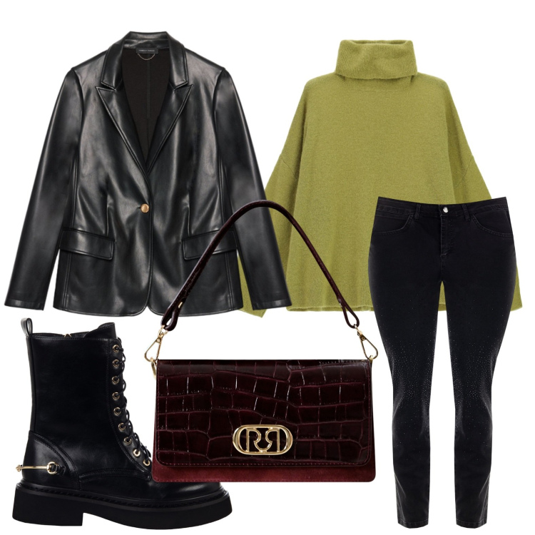 Outfit donna - Giacca di mezza stagione. Stile Minimal per Serata fuori. Abbinamento con anfibi, borse a mano, jeans skinny, maglieria, blazer.