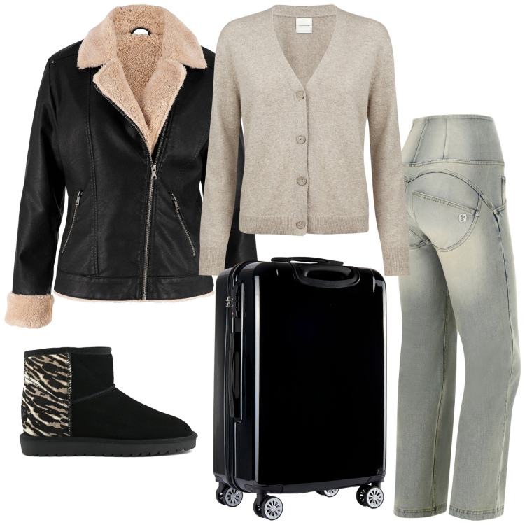 Outfit donna - Si parte. Stile Basic per Tutti i giorni. Abbinamento con blazer, jeans, valigie, cardigans, stivali.