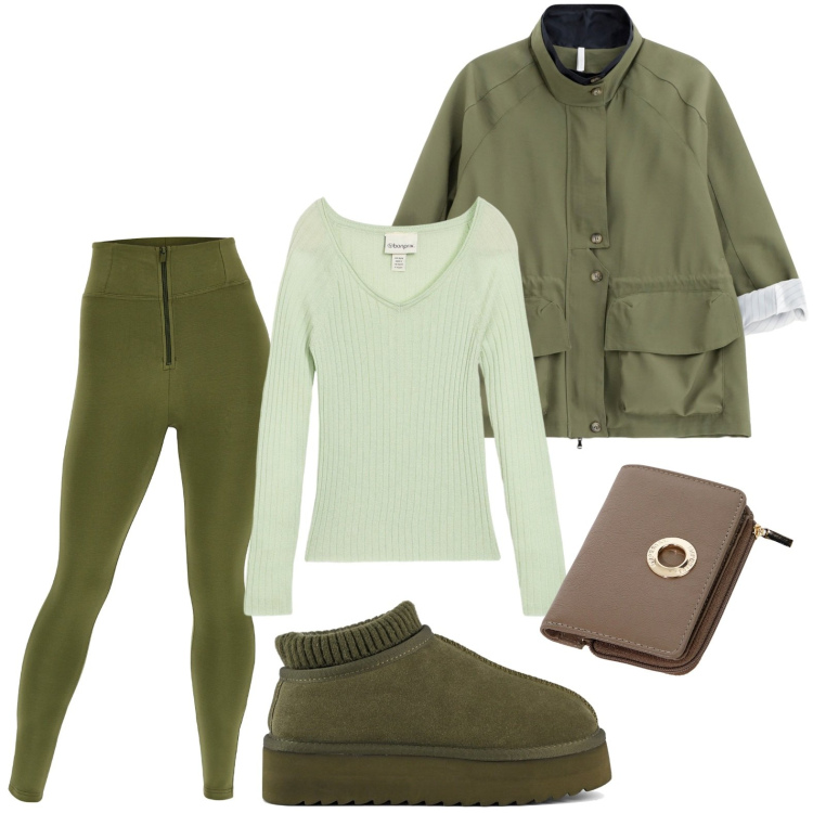 Outfit donna - Giornata green. Stile Minimal per Tutti i giorni. Abbinamento con maglieria, portafogli, parka, pantaloni skinny, sabot.