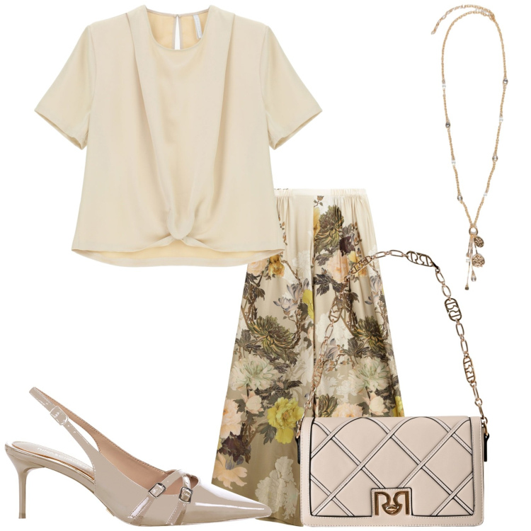 Outfit donna - Pranzo formale. Stile Glamour per Tutti i giorni. Abbinamento con borse a tracolla, décolleté, pantaloni a palazzo, bluse, ciondoli.