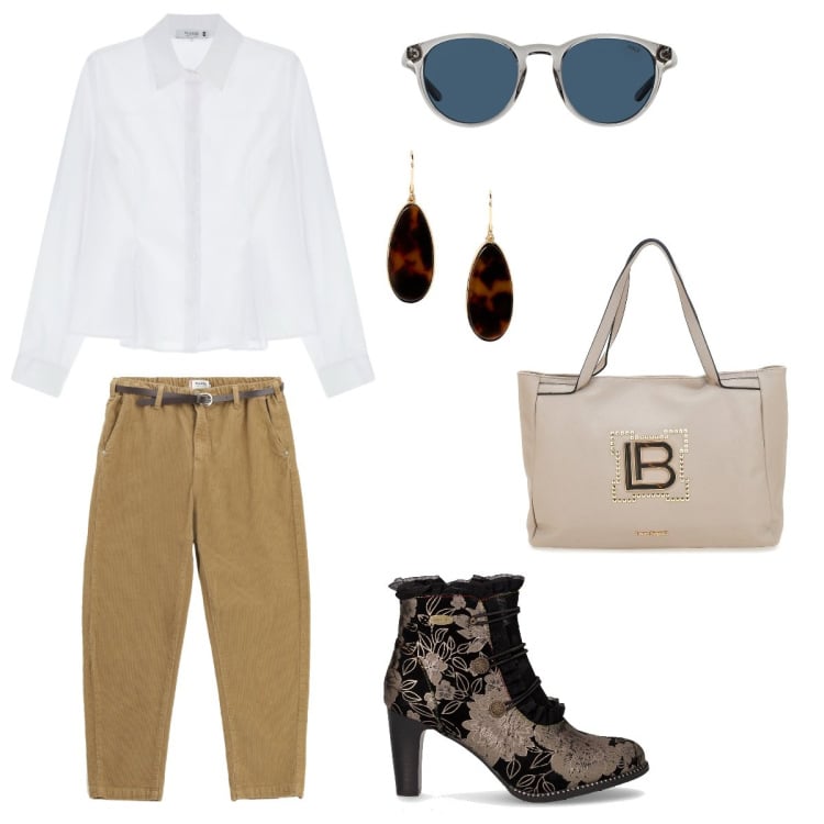Outfit donna - Cena informale. Stile Casual chic per Serata fuori. Abbinamento con pantaloni chino, camicie, occhiali da sole, orecchini, borse a spalla, stivaletti.