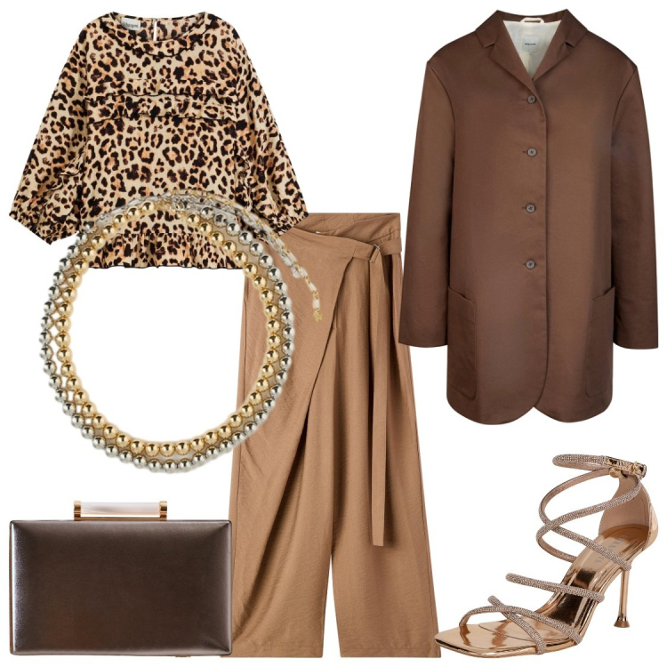Outfit donna - Serate glam. Stile Glamour per Serata fuori. Abbinamento con bluse, pantaloni, sandali col tacco, clutch, trench, collane.