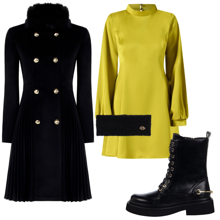 Outfit donna - Total look #2251493. Stile Trendy per Serata fuori. Abbinamento con vestiti corti, cappotti, anfibi, fasce per capelli.