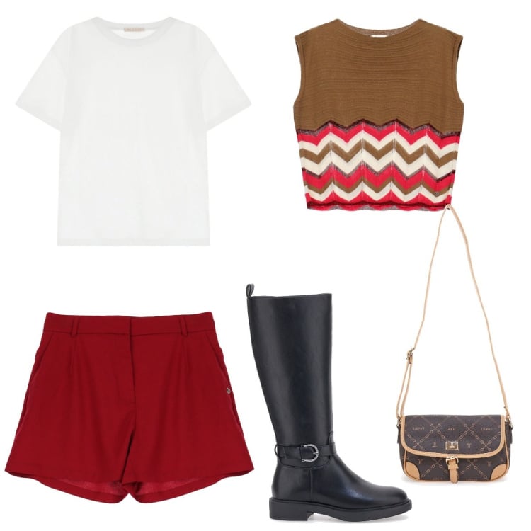Outfit donna - Passeggiata in centro. Stile 70s per Tutti i giorni. Abbinamento con t-shirt, shorts, maglieria, stivali sopra il ginocchio, borse a tracolla.