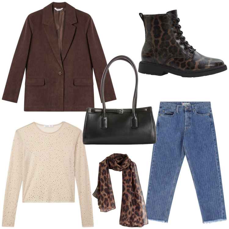 Outfit donna - Il blazer iconico. Stile Trendy per Ufficio. Abbinamento con sciarpe, borse a mano, stivaletti, maglieria, blazer, jeans.