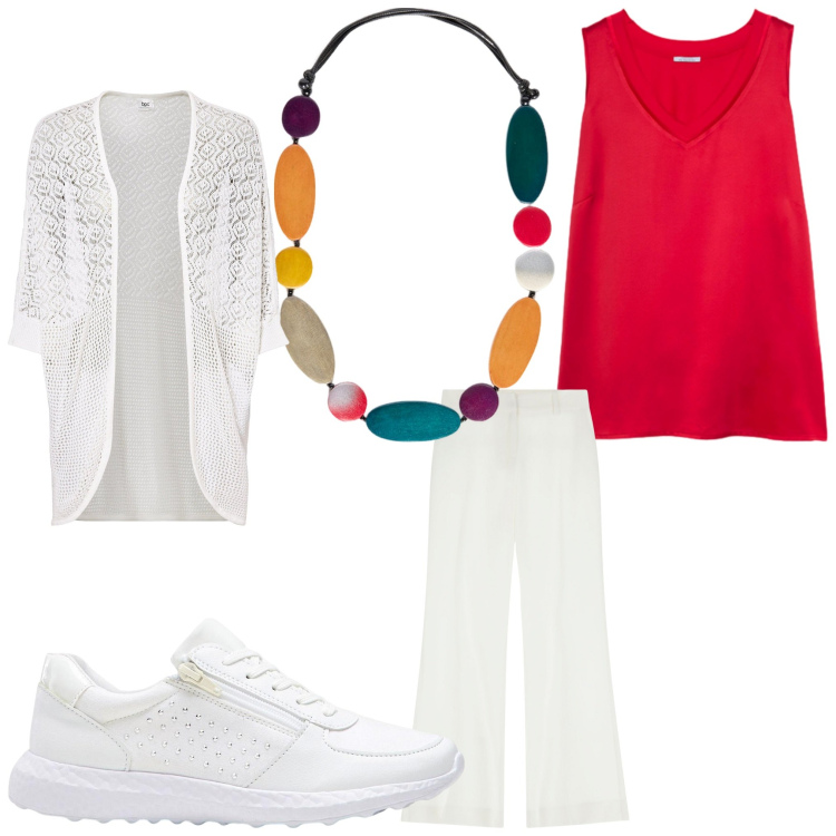 Outfit donna - Bianco e rosso. Stile Casual per Tutti i giorni. Abbinamento con sneakers, cardigans, pantaloni, top, collane.