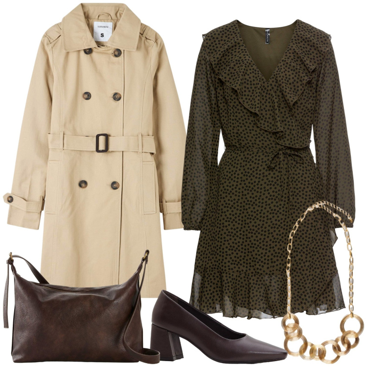 Outfit donna - Autumn vibes per il lavoro!. Stile Casual chic per Ufficio. Abbinamento con décolleté, vestiti corti, borse a tracolla, trench, collane.