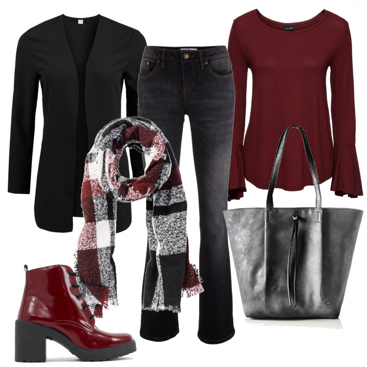 Outfit donna - Lucido bordeaux. Stile Basic per Scuola/Università. Abbinamento con jeans bootcut, maglia con volant jersey rosso, scialli, giacca nero, borse a spalla, stivaletti con stringhe rosa.