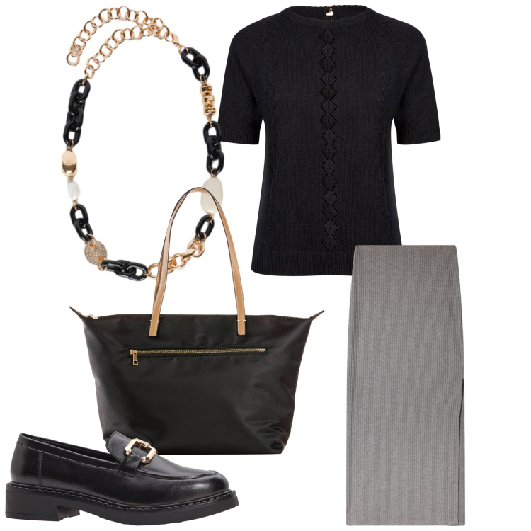 Outfit donna - Rigorosa. Stile Chic per Ufficio. Abbinamento con mocassini, shopping bag, gonne lunghe, maglieria, collane.