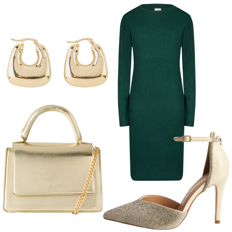 Outfit donna - Verde e oro. Stile Chic per Serata fuori. Abbinamento con orecchini, décolleté, borse a tracolla, vestiti midi/longuette.